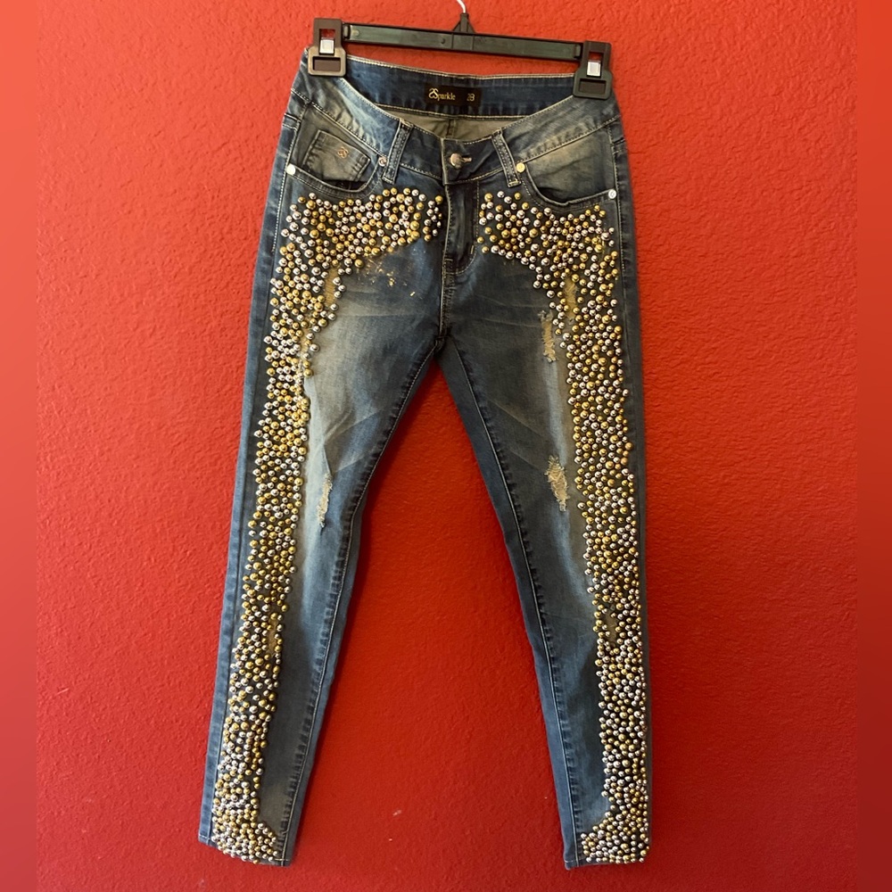 Fancy jean pants with gold and silver studs